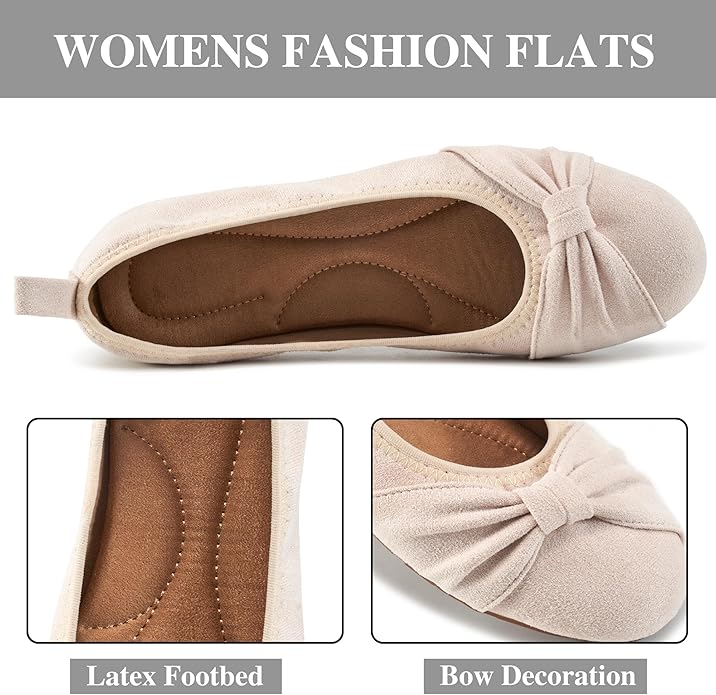 Ecetana Womens Flats Shoes Dressy: Round Toe Bowknot Suede Foldable Ballet Flats Comfortable Casual Slip On Loafers