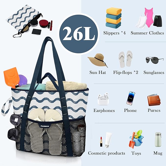 Large Beach Bag with Zipper-8 Pockets Sandproof Beach Tote Bag for Women,Foldable Lightweight Family Swim Bag Vacation