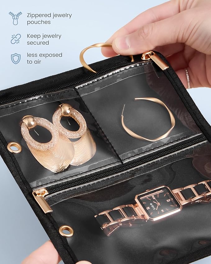 Lolalet Travel Jewelry Organizer Storage Bags, 4 Pcs Transparent Velvet Pouches with Compartments & Zippers for Jewelry Display of Earrings, Rings, Necklaces & Bracelets for Girls Women -Black