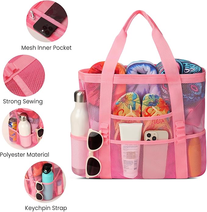 Beach Bag - Mesh Beach Bag Large 8 Pockets, Beach Tote Bag Beach Essentials for Vacation Must Haves