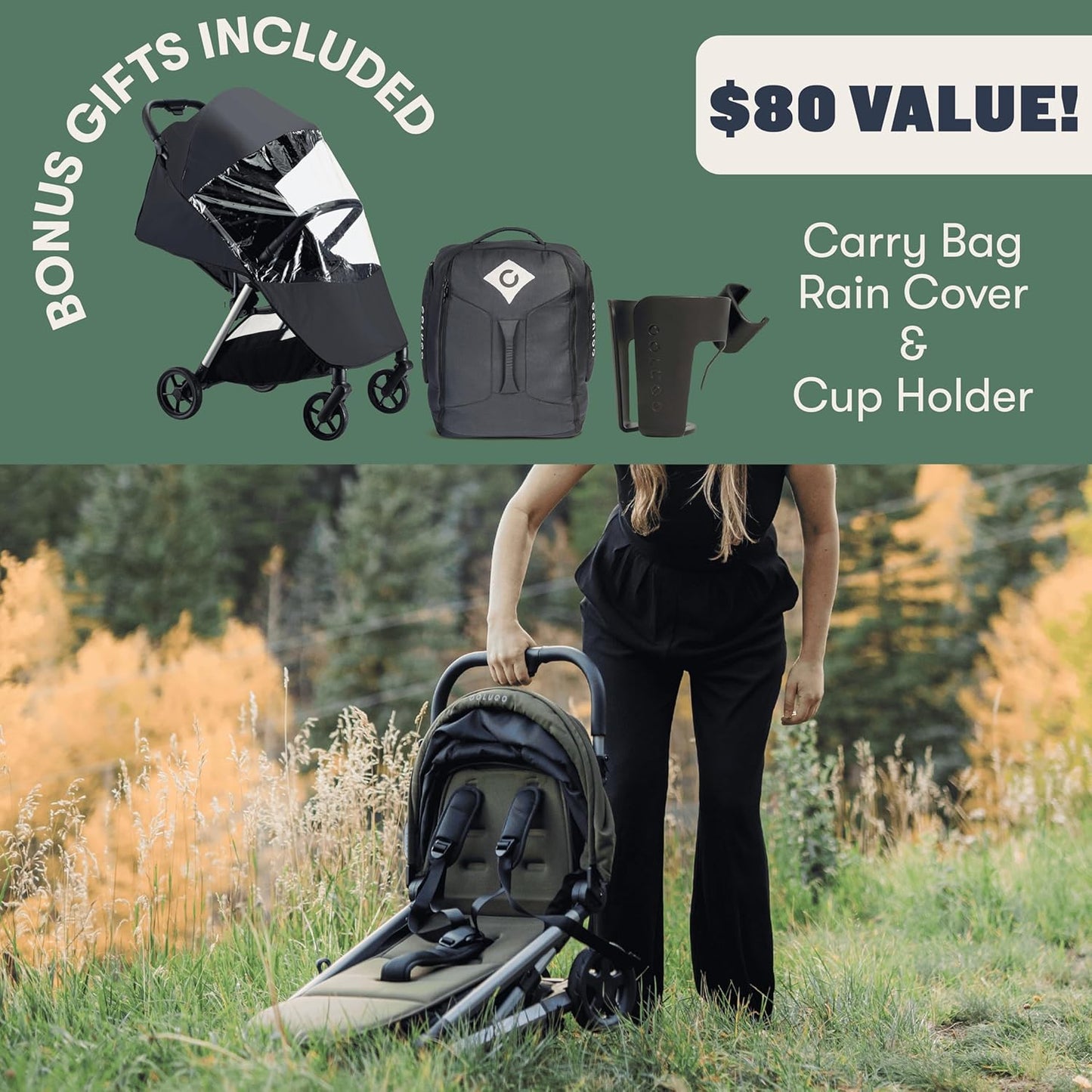 Colugo The One Stroller - Lightweight Easy Fold Compact Toddler and Baby Stroller for Travel, Large Storage Basket, One Hand Fold, Includes Raincover, Bumper Bar, Cupholder (Ponderosa Pine)