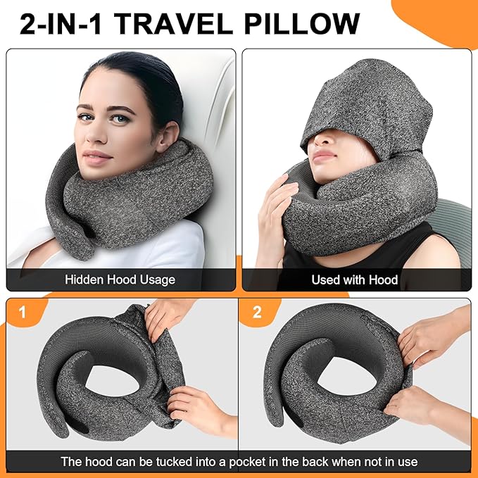 Travel Pillow - Hooded Neck Pillow Airplane Memory Foam Filling for Plane, Office, Cars Sleeping, Road Trip, Long Flights, Portable Plane Accessories, Includes Eye Mask & Earplugs (Full Blue)