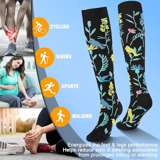 bropite Flora Compression Socks for Women & Men-Knee high 6 Pairs 20-30mmhg Support Running Nurse Travel