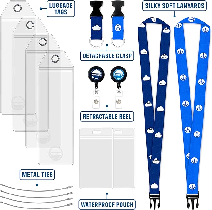 Cruise On Royal Caribbean Luggage Tag Holders (4 Pack) & Lanyards (2 Pack) – Large, Clear, Waterproof Cruise Essentials 2026-2027 – Secure Ship Tags & Cards (Royal & Navy Blue)