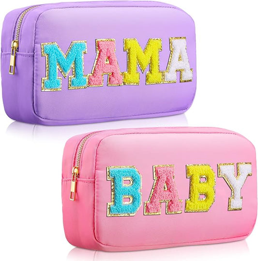 Sanwuta 2 Pieces Mama Gifts Makeup Bag Mom Pouch Birthday Gifts Nylon Cosmetic Bag Mothers Day Appreciation Toiletry Preppy Patch Chenille Letter for Women Her New Mom(Purple, Pink,Baby and Mama)