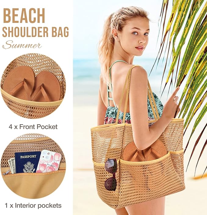 KPX Beach Bag with Mini Pocket, Beach Tote Bags for Women Large Foldable Mesh Swimming Pool Travel Bags - Sandproof