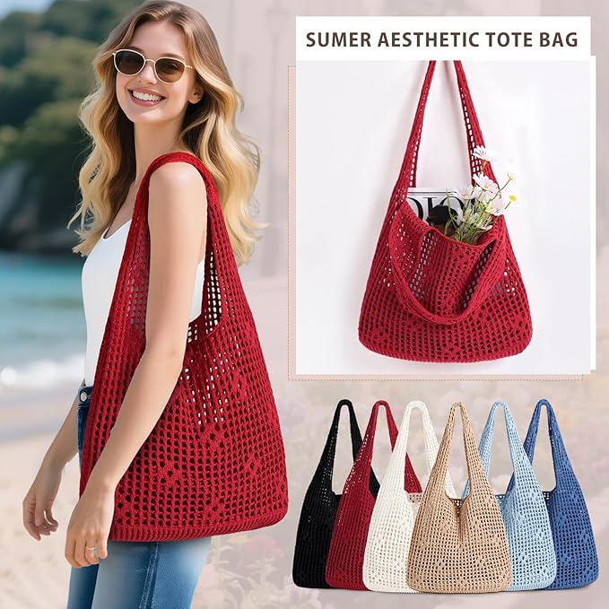 Sightor Crochet Tote Bag, Mesh Beach Bag Knit Summer Hobo Bag Vacation Boho Tote Bag for Women