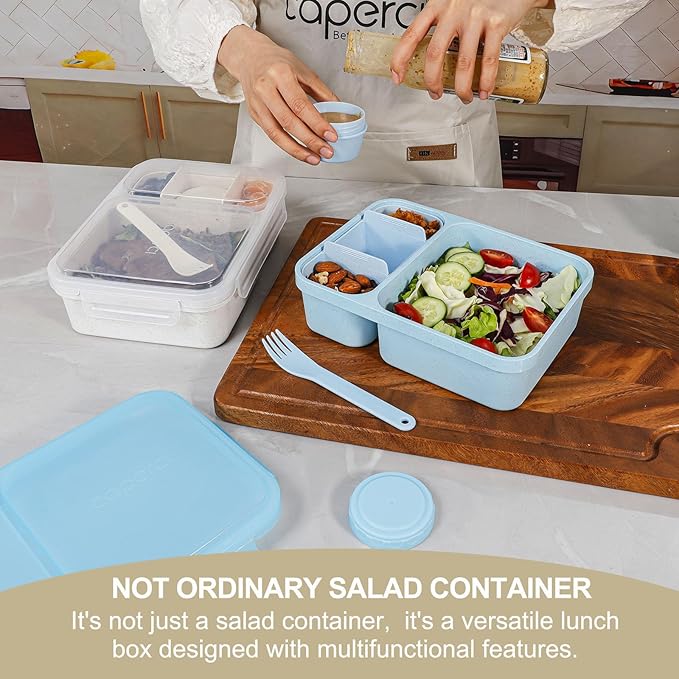Caperci 2 Pack Salad Container for Lunch - 62 oz Large Bento Lunch Box for Adults, 2-Compartment Meal Prep Container with Removable Toppings Tray, Sauce Cup, Reusable Fork, BPA-Free (Blue & Tofu)