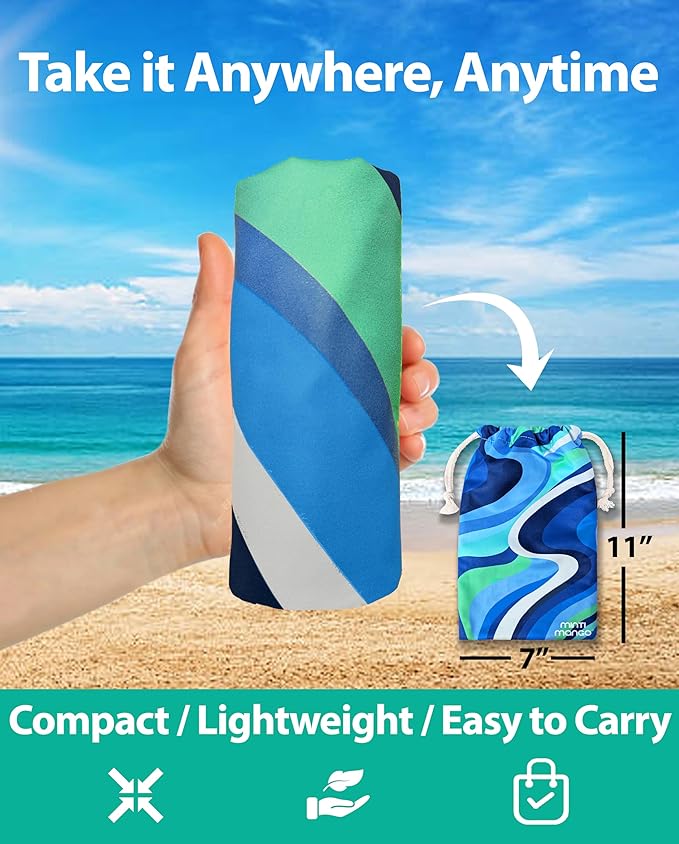 Microfiber Beach Towel Oversized 71X32" Thin Lightweight, Quick Dry Towel, Sand Free, High Absorbent, Compact, Vacation, Pool, Camping, Cruise, Picnic, Travel Towel, Beach Blanket, Carry Bag, Blue