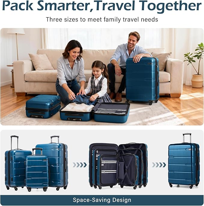Coolife Medium Checked Luggage Hardside PC+ABS Suitcase with TSA Lock, Lightweight Rolling Carry On with Spinner Wheels(Caribbean Blue, 24in)