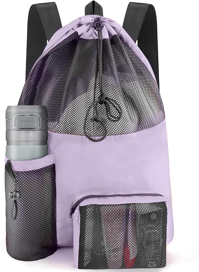Swim Mesh Beach Bag, Waterproof Gym Bags for Women and Men, Large Pool Bag Swimming Gear Drawstring Backpack