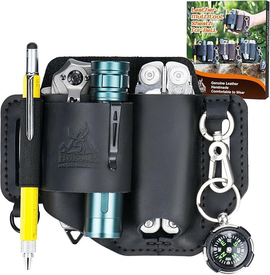 FLYHOMES Genuine Leather Multitool Sheath | Handmade Stitched EDC Belt Organizer for Leatherman Surge | Flashlight, Knife Holster, Pen & Tools Pouch | Black (Large)