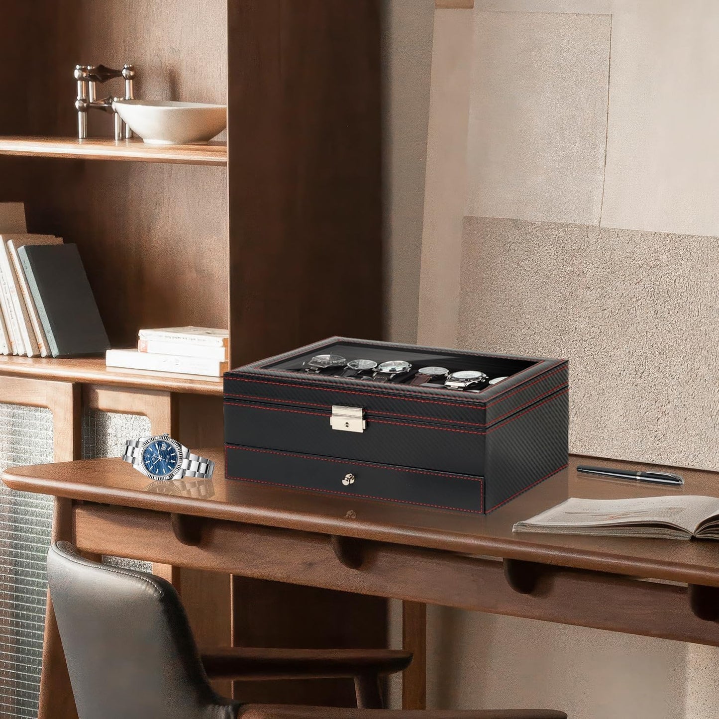 Watch Box Jewelry Organizer, 12-Slot 2-Layer Watch Case Storage with Large Glass Lid, Watch Storage Case for Men with Lock, Watch Holder Display Case, Gift for Men Women