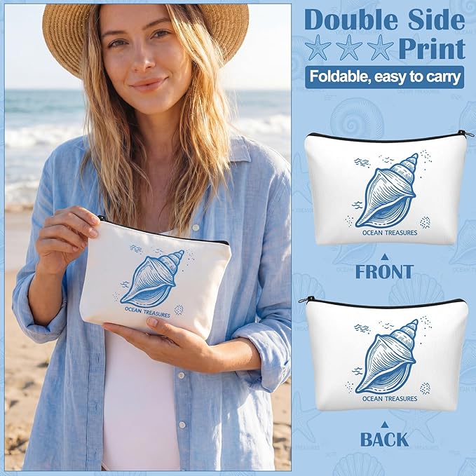 4 Pack Coastal Cosmetic Bags Beach Themed Gifts Starfish Seashell Conch Coral Makeup Pouches Zippered Travel Toiletry Bags for Women Beach Summer Trip Organizer Set(Simple)