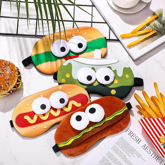 4 Pcs Funny Food Eye Mask Cute Fast Food Sleeping Mask 3D Plush Eye Masks Hamburger Hot Dog Milk Tea Fluffy Eyeshade with 3D Doll Eyes for Women Men Travel Nap Night Sleep