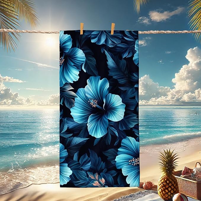 Tropical Floral Microfiber Beach Towel Blue Hibiscus Patterns, Quick Dry Absorbent Soft Sand Free Lightweight Beach Blanket, Vacation Picnic Pool Gym Essentials 62x31 Inch