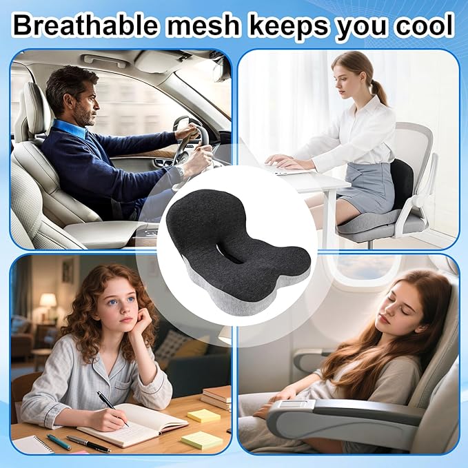 Memory Foam Office Chair Cushion, L-Shaped Integrated Seat Cushions, Chair Seat Cushion for Lower Back Tailbone Protection, Lumbar Support (Black Gray)