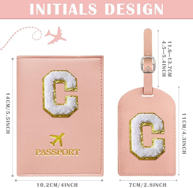 COSHAYSOO Personalized Passport Cover Holder and Initial Luggage Tag Set with Monogram Chenille Letter Patch for Women Teen Girls Couples, Preppy Travel Bag Suitcase Identifier Pink C