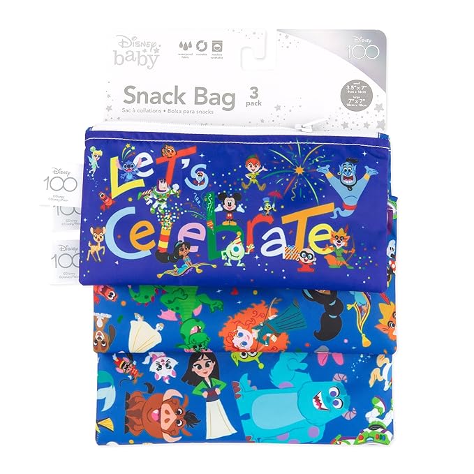 Bumkins Disney Reusable Sandwich and Snack Bags, for Kids School Lunch and for Adults Portion, Washable Fabric, Waterproof Cloth Zip Bag, Travel Pouch, Food-Safe Storage, 3-pack, 100 Years Celebration