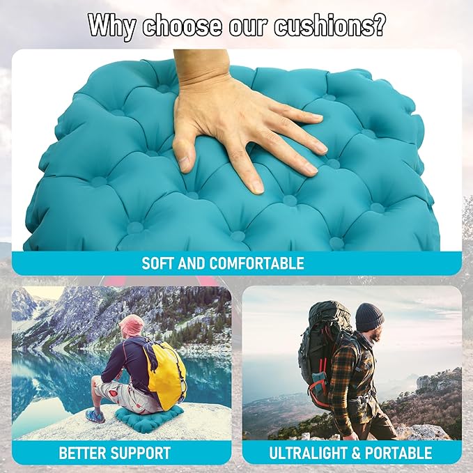 Inflatable Seat Cushion, Lightweight Stadium Seat Pad, Travel Air seat Cushion Anti-Slip for Airplane, Hiking, Climbing, Home and Camping,Peacock Blue