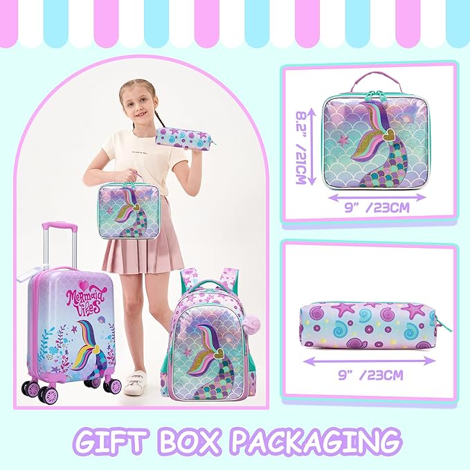 Kids Mermaid Suitcase Set for Boys Hardside Luggage with Spinner Wheels 5 Piece 16inch Toddler Suitcase for Boys Travel Carry on Luggage Airline Approved