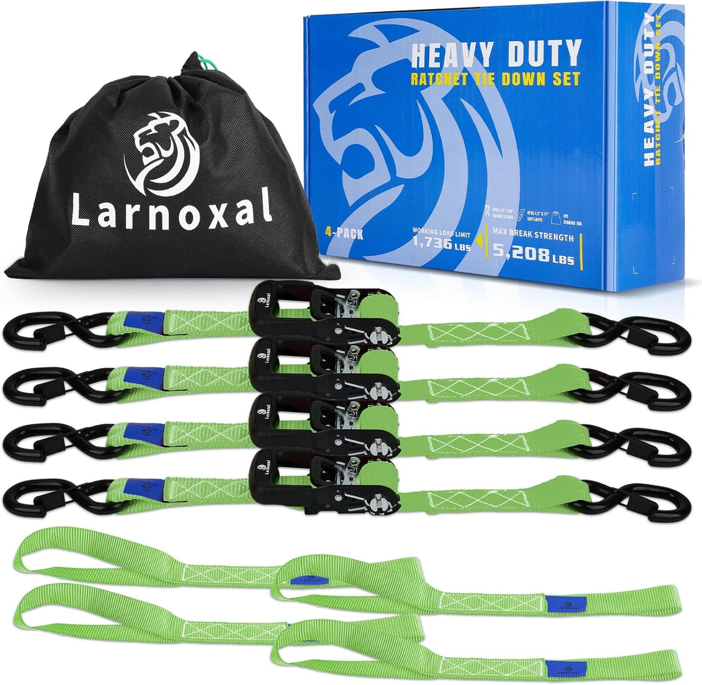 Ratchet Straps 4 Pack - 5,208 Lbs Break Strength 1.5 in x 8.2 Ft Heavy Duty Ratchet Tie Down Straps with S Hooks Set for Truck, Cargo Van, Trailer, Motorcycle (Green)