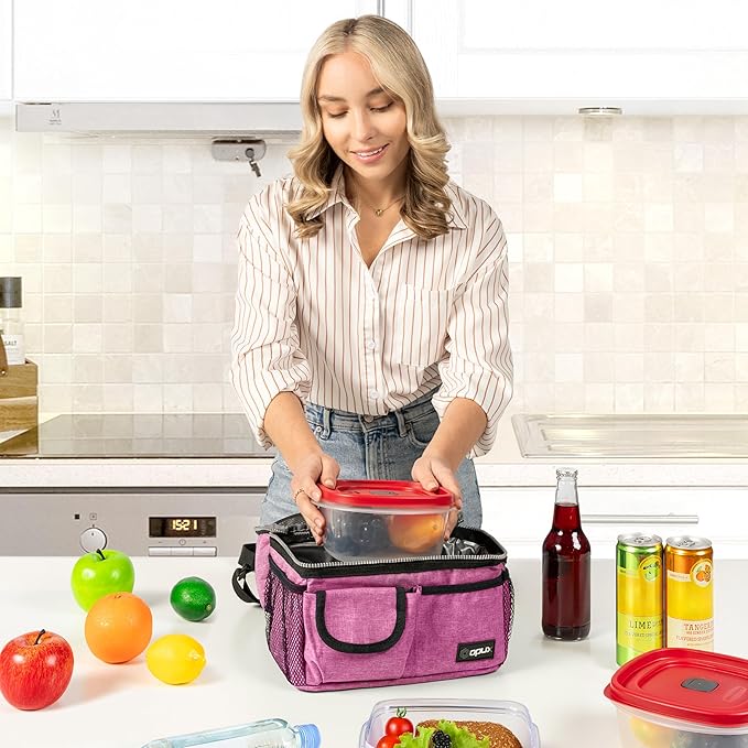 opux Lunch Bag Women Insulated, Adult Lunch Box Cooler, Lunch Box for Men, Dual Compartment Lunchbox for Work, Leakproof Double Decker Lunch Bag, Soft Lunch Pail Tote Girls Boys Kids School, Pink
