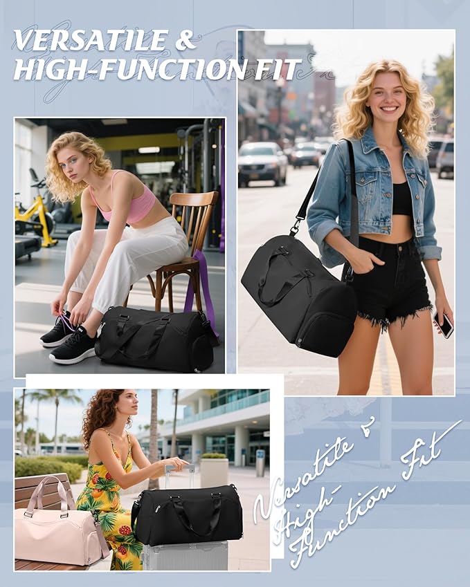 Gym Bag for Women with Shoe Compartment Lightweight Travel Duffle Bags Carry on Bag Overnight Weekender Duffel Bag with Wet Pocket Personal Item Travel Bag Tote Bag Workout Dance Bag Black