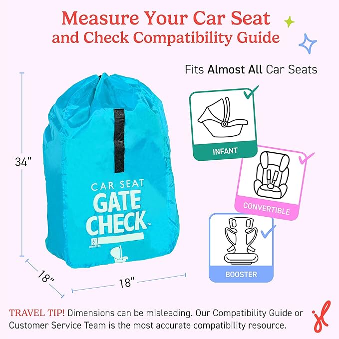 J.L. Childress Gate Check Travel Bag for Car Seats - Car Seat Travel Bag for Airplane, Includes AIRTAG Holder, Fits All Baby Carriers, Infant Carriers & Child Booster Seats - Neon Blue