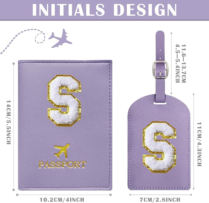 COSHAYSOO Purple Passport Cover Holder and Luggage Tag Set TSA Approved with Initial Chenille Letter Patch A-Z for Women Teenage Girls, Vaccine Card Slot Travel Bag Suitcase Identifier (S)