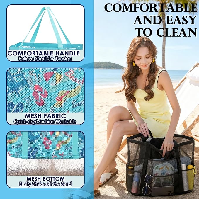 Mesh Beach Bag, Large Beach Tote with Zipper Pocket, Toys Pool Bag for Family Travel Vacation Cruise Essentials