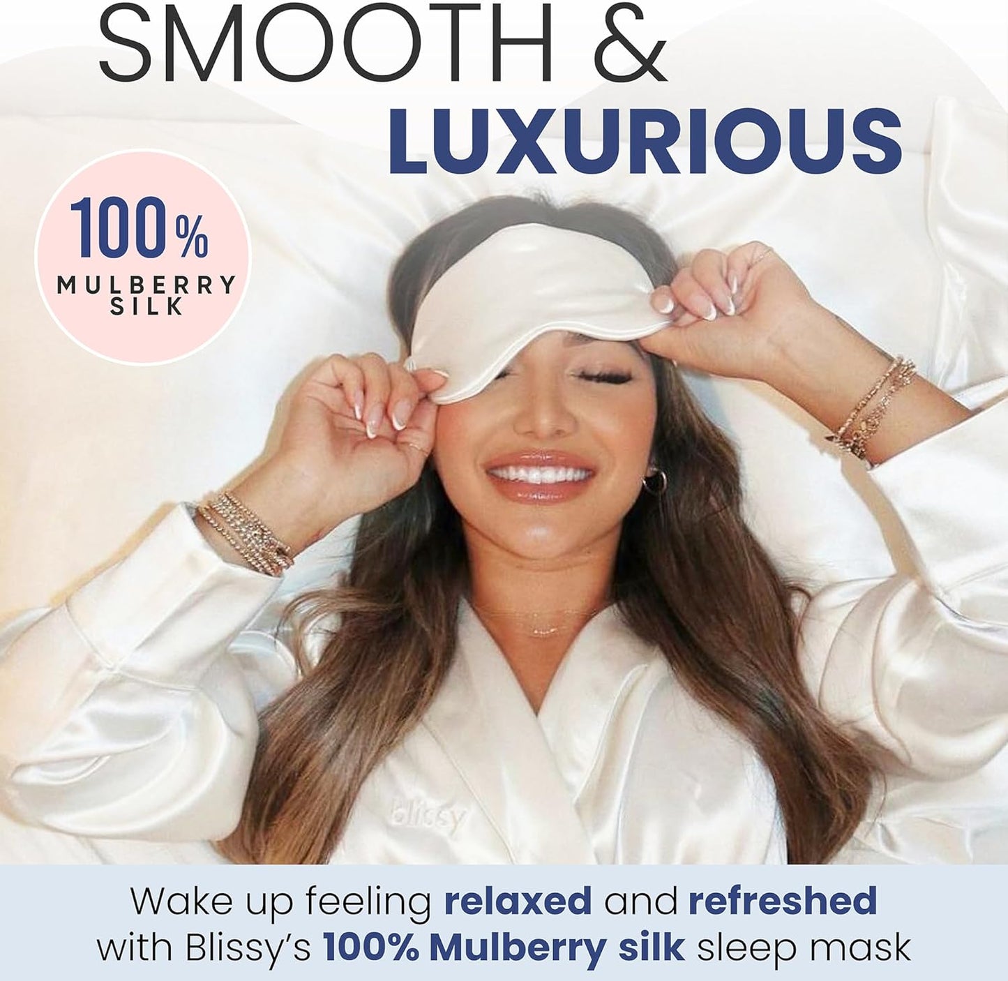 Blissy Silk Sleep Mask - Silk Eye Sleeping Mask for Women & Men for Total Blackout - 100% Pure Mulberry Silk, 22 Momme 6a Fibers - Blindfold Silk Sleep Mask Side Sleeper Eye Cover (White)