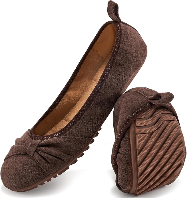 Ecetana Womens Flats Shoes Dressy: Round Toe Bowknot Suede Foldable Ballet Flats Comfortable Casual Slip On Loafers