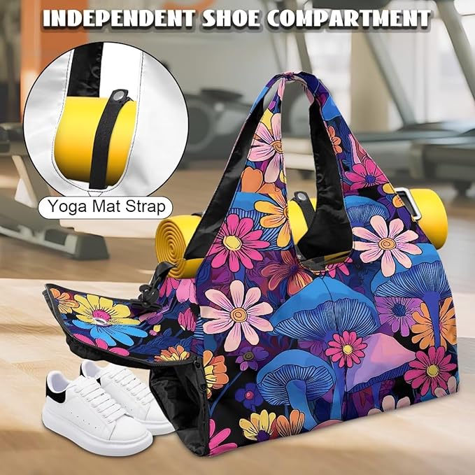 Womens Duffle Bag with Shoes Compartment, Mushroom Workout Bag with Yoga Mat Holder, Wet Pocket, Carrying Function Gym Bags for Yoga Pilates Swimming