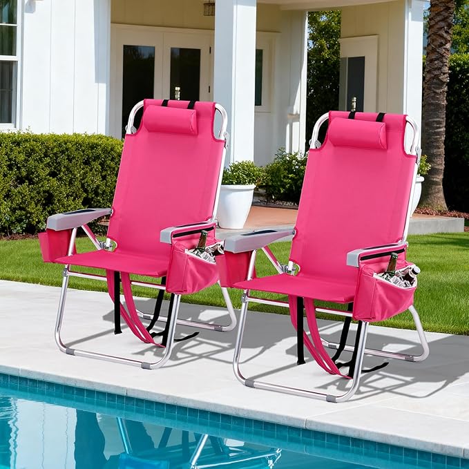 VINGLI Tall Beach Chair 2 Pack Lightweight, Backpack Beach Chair for Adults with 5-Position, Cooler Bag, Cup Holders, Towel Bar, Lightweight Folding Beach Camping Chairs