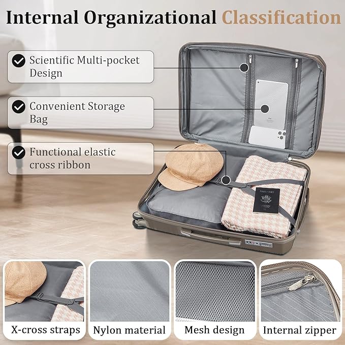 4 Piece Luggage Set PP Hardshell, Expandable Suitcase Set (20/24/28) with 14" Cosmetic Case, Lightweight Spinner Wheels with TSA Lock, Detachable Wheels for Nesting Storage (Champagne)