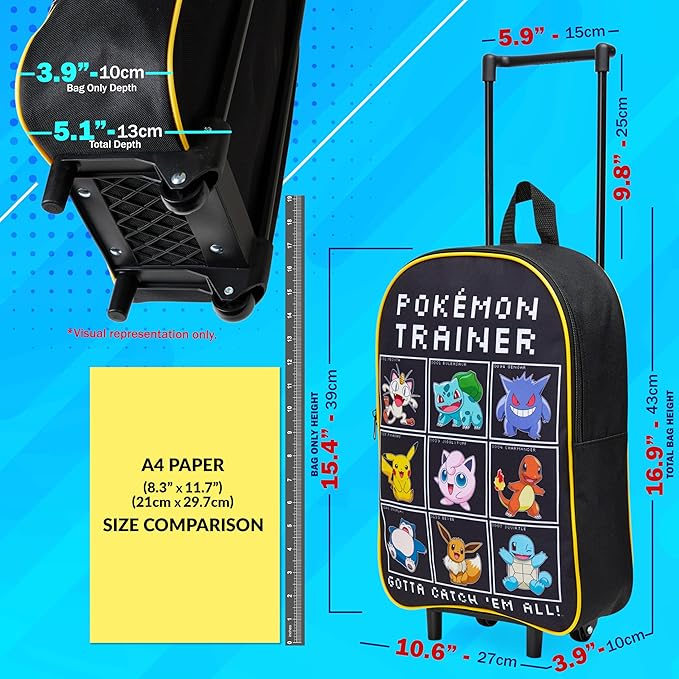 Pokemon Kids Foldable Trolley Suitcase 15”, 10.5 Litres 2 Wheels Black (S/15inch -10.5L, Black/Multi)