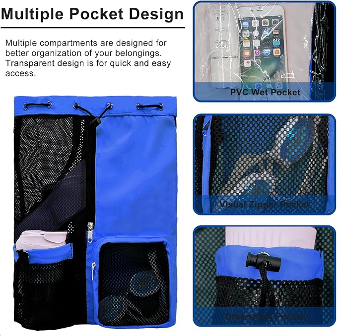Mesh Beach Backpack with Wet Pocket Drawstring Pool Bag Waterproof Swimming Bag Gym Backpack for Men & Women