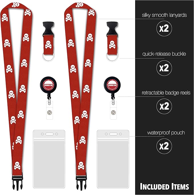 Cruise On Cruise Lanyard for Ship Cards – 2-Pack Retractable Badge & Waterproof Key Card Holder for Ship Cards – Cruise Essentials 2026-2027, Perfect for Travel & Vacation (Red Pirate)