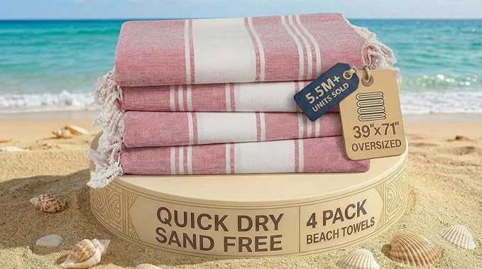 LANE LINEN Beach Towel Set of 4, Turkish Beach Towel Set, Pre-Washed Pool Towels, Quick Dry Travel Beach Towel, Extra Large Beach Towels Oversized, 39"x71" - Cashmere Rose