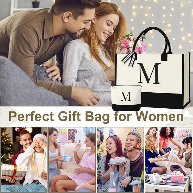 Personalized Canvas Tote Bag for Women Makeup Pouch Initial Beach Bag Removable Bottom Board for Travel Birthday