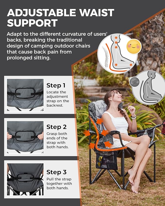 KingCamp Oversized Camping Folding Chair, Heavy Duty 450 LBS with Lumbar Support, Padded seat with Cup Holder&Cooler Bag, Ideal for Camp, Fishing, Sports Event, Backyard, Patio, Lawn (Lava Grey)
