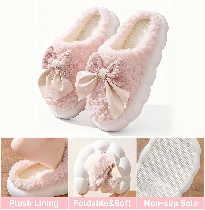 Cute Bow Slippers for Women, Womens Fuzzy Fluffy Cozy Indoor Outdoor House Slippers