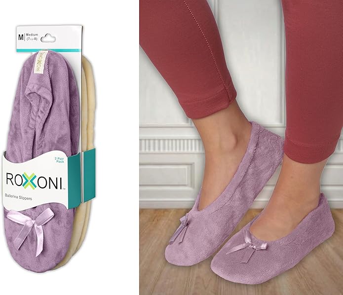 Roxoni Women's Terry Classic Cotton & Velour Ballerina Slippers (Pack of 2)