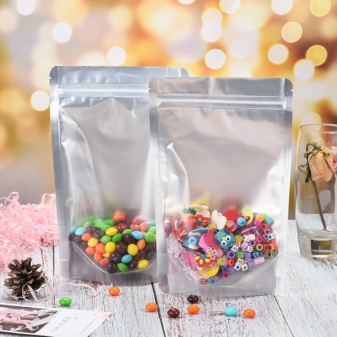 LZLPACKING 100 Pieces resealable Mylar Bags with Clear Front Window,Smell Proof Edible Packaging,Stand up Pouches Bags for Food Storage(5×8 Inch/12.7 x 20.3cm)