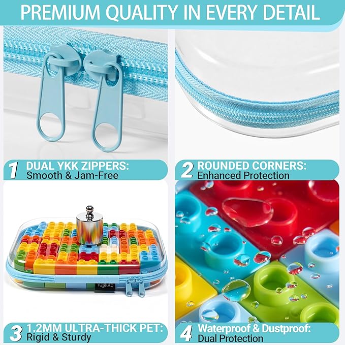 YQBRA 4 Pack Clear Hard Shell Zipper Case, See-Through Hard Plastic Organizer Pouches with Zipper for Travel, Toiletries, Makeup, Toy, Electronics & Pencils - Crush-Resistant Storage (M Blue)