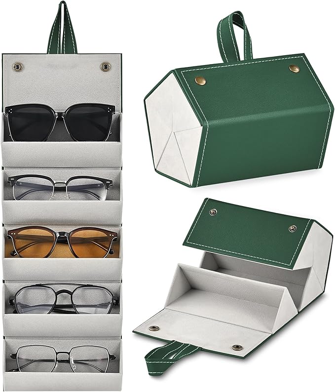 CO-Z Travel Sunglasses Organizer, Foldable Travel Sunglass Case with 5 Slots for Multiple Pairs, Portable Eyeglasses Holder