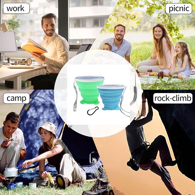 2 Pcs Collapsible Cups, Silicone Collapsible TravelCup, Expandable Folding Camping Drinking Cup with Lids Reusable Small Portable Mugs-Cup for Travel, Camping, Hiking,Outdoors (sky blue&grass green)