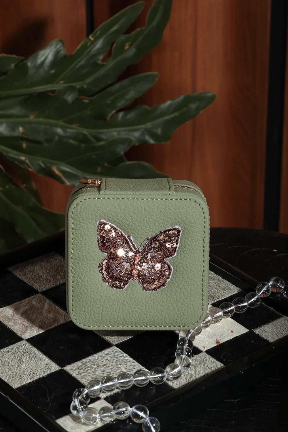 S.Leaf Travel Jewelry Organizer Travel Jewelry Boxes for Women Small Jewelry Travel Case Box Portable Travel Jewelry Case Travel Case Mini Jewelry (03_Lychee_Butterfly_Brown)