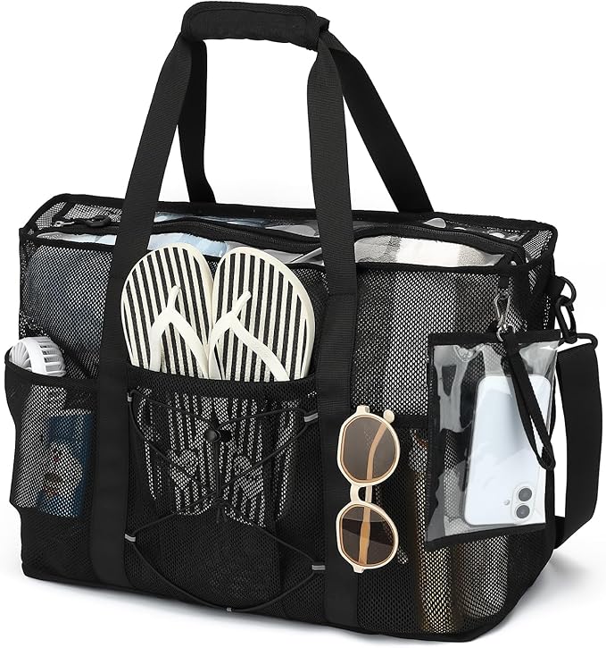 Mesh Beach Bag, Foldable Extra Large Beach Bags with Zipper Pool Bag with Portable Phone Pouch for Vacation Pool
